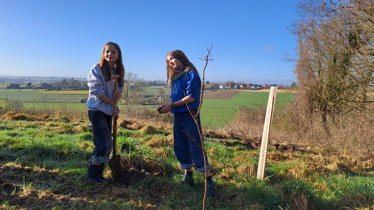 kinderen planten bomen aan